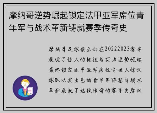 摩纳哥逆势崛起锁定法甲亚军席位青年军与战术革新铸就赛季传奇史