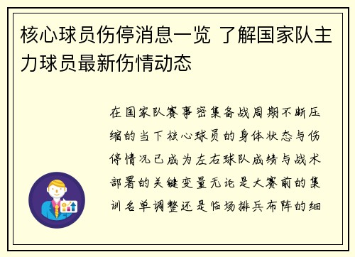 核心球员伤停消息一览 了解国家队主力球员最新伤情动态