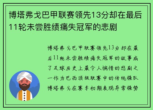 博塔弗戈巴甲联赛领先13分却在最后11轮未尝胜绩痛失冠军的悲剧