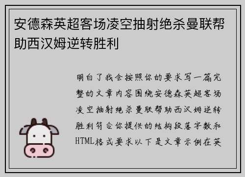 安德森英超客场凌空抽射绝杀曼联帮助西汉姆逆转胜利